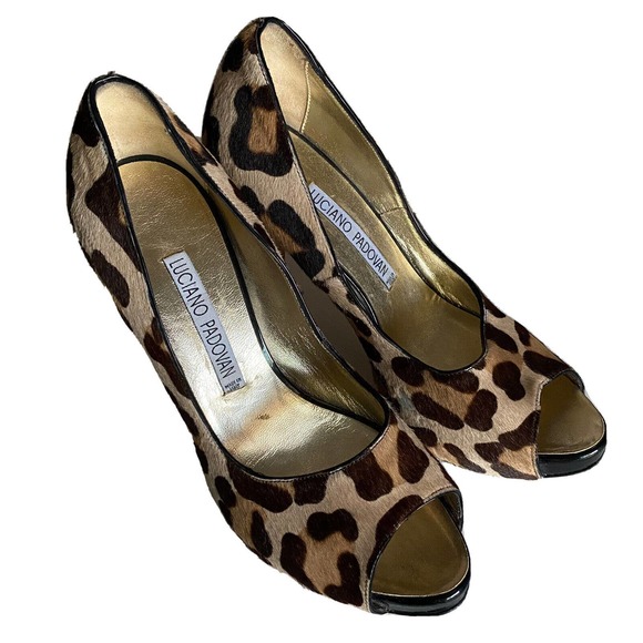 Luciano Padovan Peep Toe Pump Pony Hair Calf Animal Print Leopard Cheeta… - Picture 1 of 9